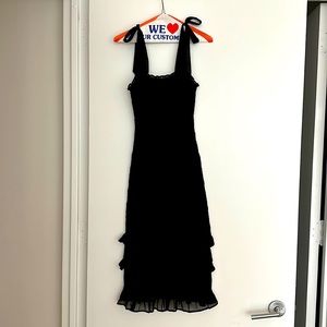 Tie strap black smocked midi dress